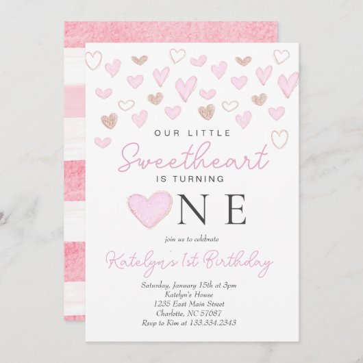 バレンタインの最初の誕生日の招待状 招待状 (正面/裏面)