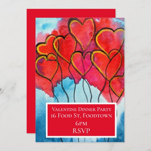 バレンタインの水の色のハートディナーパーティー 招待状 (正面/裏面)