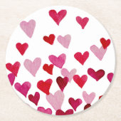 バレンタインの水の色のハート – ピンク ラウンドペーパーコースター (正面)