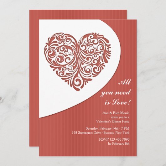 バレンタインの線条細工の夕食のパーティの招待状 招待状 (正面/裏面)