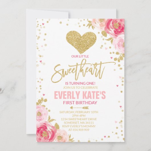 バレンタインの誕生日の招待状の恋人のピンクの金ゴールド 招待状 (正面)