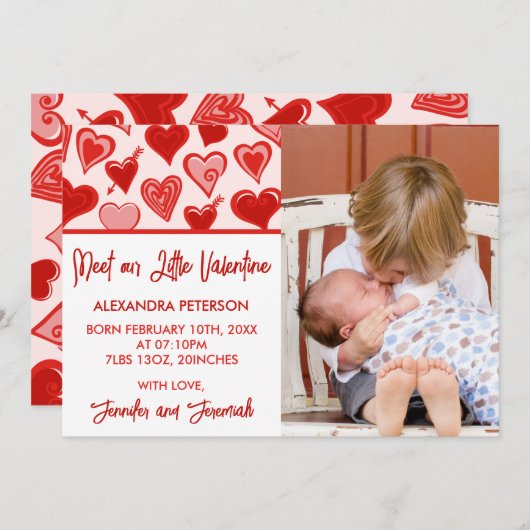 バレンタインの誕生発表カードかわいいハートレッド 案内状 (正面/裏面)
