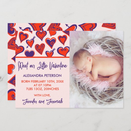 バレンタインの誕生発表カードかわいい甘い 案内状 (正面/裏面)