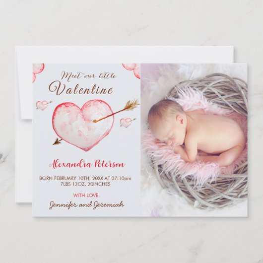 バレンタインの誕生発表カードハート矢印 案内状 (正面)