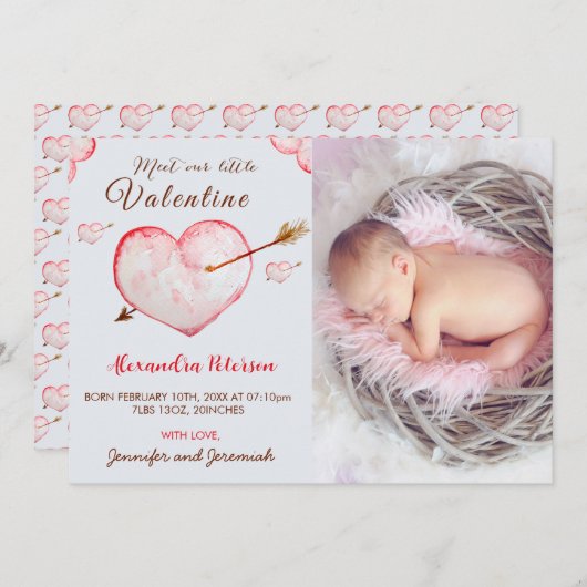 バレンタインの誕生発表カードハート矢印 案内状 (正面/裏面)