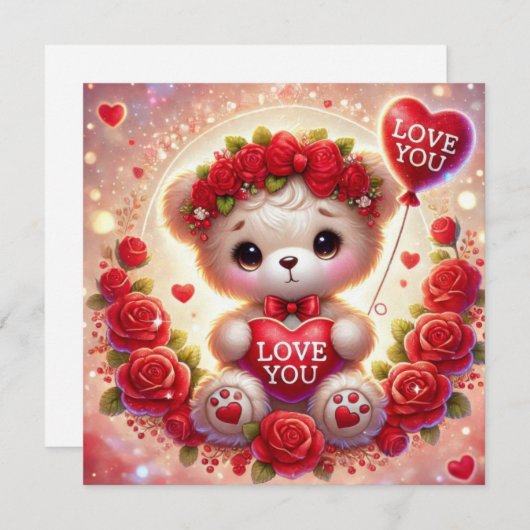 バレンタインの赤いハートの風船を持つテディベア 愛 シーズンカード (正面/裏面)