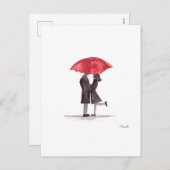 バレンタインの赤い傘とロマンチックなカップル シーズンポストカード (正面/裏面)