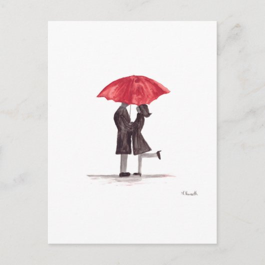 バレンタインの赤い傘とロマンチックなカップル シーズンポストカード (正面)