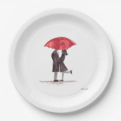 バレンタインの赤い傘とロマンチックなカップル ペーパープレート (正面)
