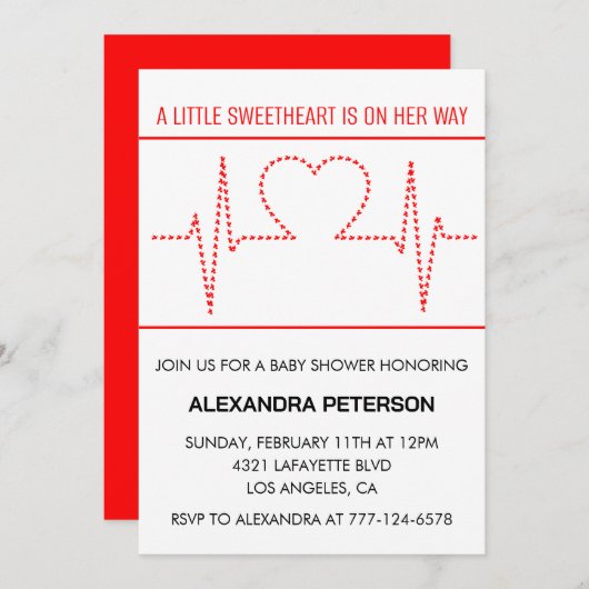 バレンタインの赤ちゃんシャワーハートビート赤白 招待状 (正面/裏面)