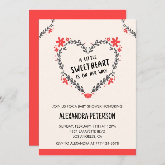 バレンタインの赤ちゃんシャワーフローラハート 招待状 (正面/裏面)