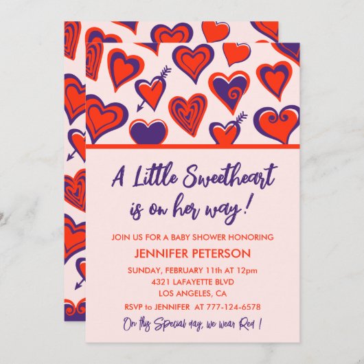 バレンタインの赤ちゃんシャワー小さな恋人の女の子 招待状 (正面/裏面)