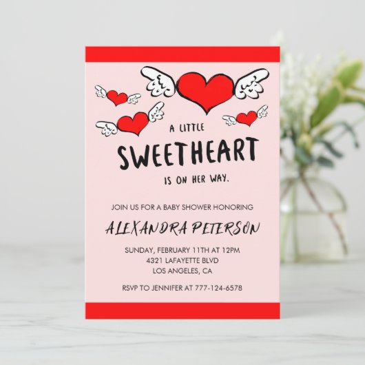 バレンタインの赤ちゃんシャワー生まれたばかりのハート 招待状 (スタンド正面)
