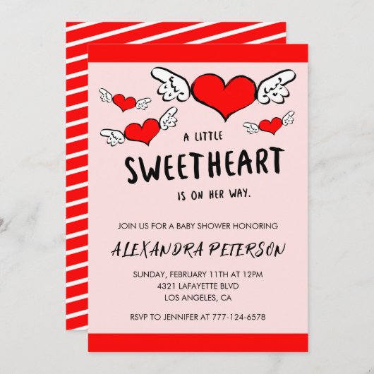 バレンタインの赤ちゃんシャワー生まれたばかりのハート 招待状 (正面/裏面)