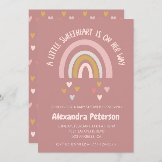 バレンタインの赤ちゃんシャワー虹のハート 招待状 (正面/裏面)