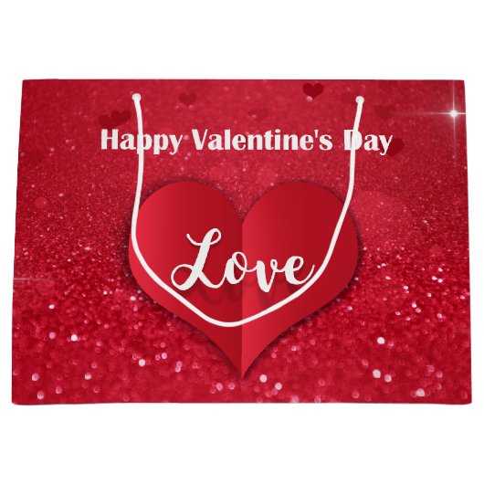 バレンタインの赤の紙のハートのグリッターの大きいギフトバッグ ラージペーパーバッグ (正面)