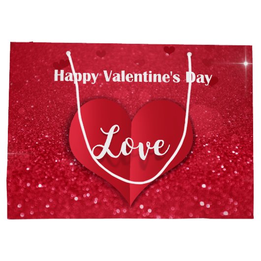 バレンタインの赤の紙のハートのグリッターの大きいギフトバッグ ラージペーパーバッグ (裏面)