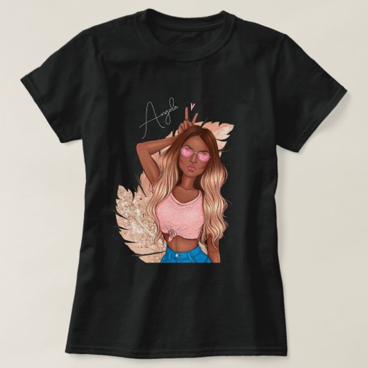 バレンタインの輝きの女の子 日焼けした髪 ピンク Tシャツ (デザイン正面)
