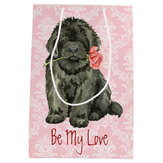 バレンタインばら色のニューファウンドランド ミディアムペーパーバッグ (裏面)