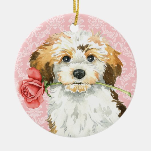 バレンタインばら色のHavanese セラミックオーナメント (正面)