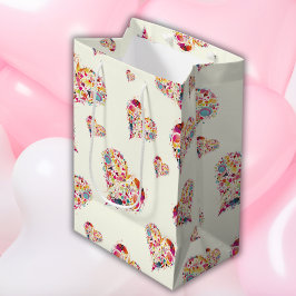 バレンタインアイボリーレトロハートパターン ミディアムペーパーバッグ