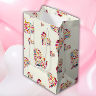 バレンタインアイボリーレトロハートパターン ミディアムペーパーバッグ