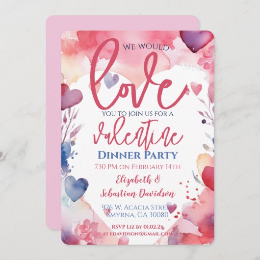 バレンタインウォーターカラーラブディナーパーティー 招待状 (正面/裏面)