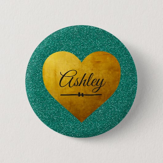 バレンタインエメラルドグリッター金ゴールドハート名前をカスタムする 缶バッジ (正面)