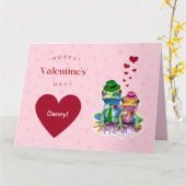 バレンタインカラフルのカエルのカップルとハート カード (黄色い花)