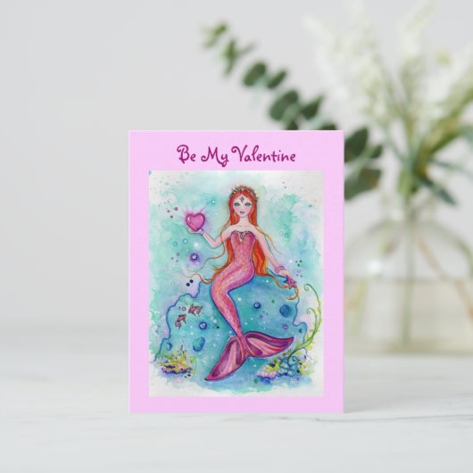 バレンタインカードピンクの人魚のバレンタインバイレネ シーズンポストカード (スタンド正面)