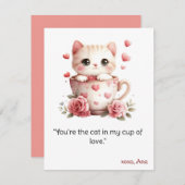 バレンタインカード、コップの中の猫、可愛い猫のバレンタイン シーズンカード (正面/裏面)