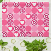 バレンタインキュートピンクハート＆フラワードットパターン キッチンタオル (折り畳み)