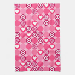バレンタインキュートピンクハート＆フラワードットパターン キッチンタオル