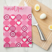 バレンタインキュートピンクハート＆フラワーパターン名 キッチンタオル (四つ折り)