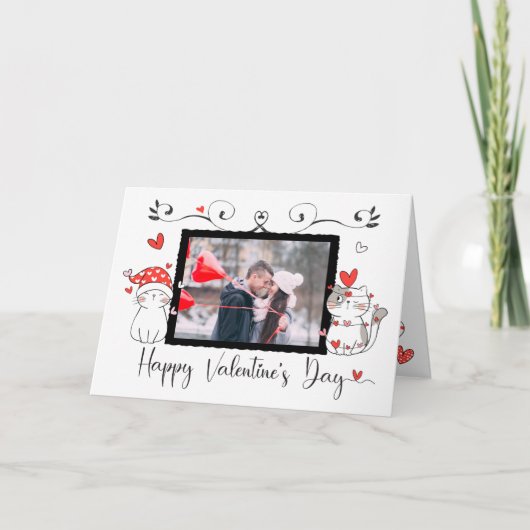 バレンタインキュート猫ハートカスタム写真 カード (正面)