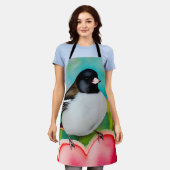 バレンタインジュンコバードウォーター色チューリップ&ハート エプロン (着用した状態)