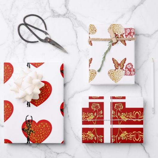 バレンタインスイープハート蝶フローラ金ゴールドアート ラッピングペーパーシート (正面)