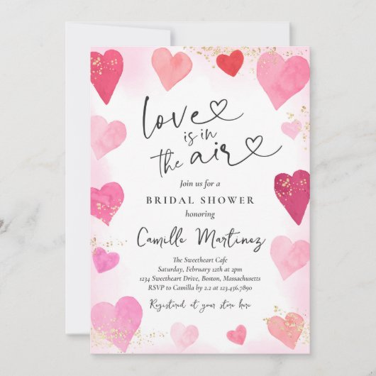 バレンタインスウィートピンク赤いハートブライダルシャワー 招待状 (正面)