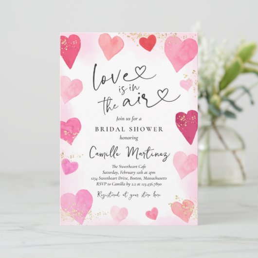 バレンタインスウィートピンク赤いハートブライダルシャワー 招待状 (スタンド正面)