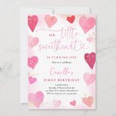 バレンタインスウィートピンク赤いハート1st誕生日 招待状 (正面)