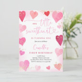 バレンタインスウィートピンク赤いハート1st誕生日 招待状 (スタンド正面)