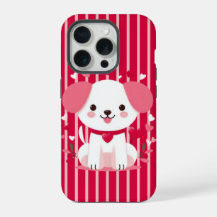 バレンタインストライプののかわいい子犬 iPhone 15 PROケース