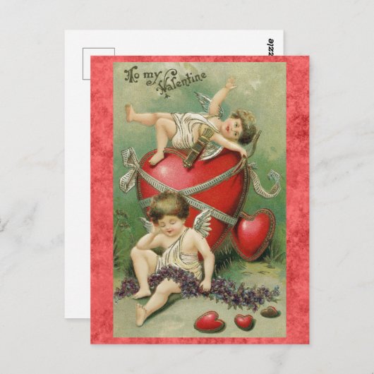 バレンタインズデイキュートヴィンテージキューピッドエンジェルハート ポストカード (正面/裏面)