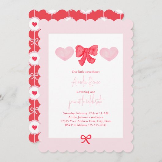 バレンタインズデイスウィートファースト誕生日 招待状 (正面/裏面)