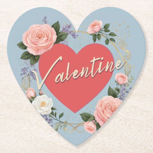 バレンタインズデイピンクローゼロマンチックラブハート ペーパーコースター (正面)