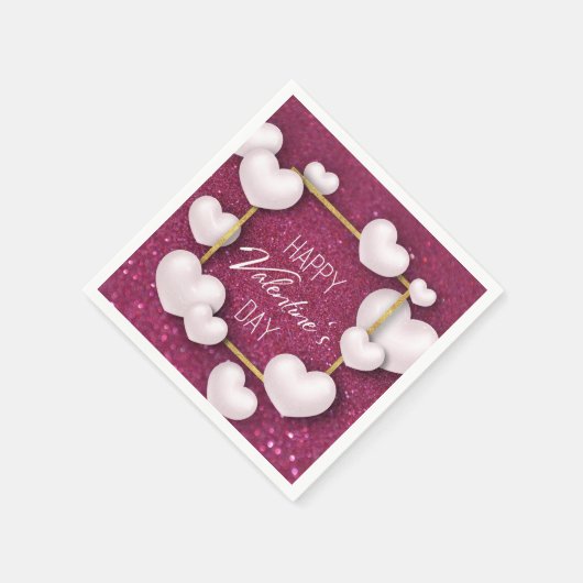 バレンタインズデイホワイトハートグリッター紙ナプキン スタンダードカクテルナプキン (角)