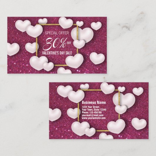 バレンタインズデイホワイトハートグリッター 割引カード (正面/裏面)