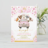 バレンタインズ・ウッドランド・ピンク・金ゴールド・バルーン・ベビーシャワー 招待状 (スタンド正面)