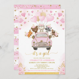 バレンタインズ・ウッドランド・ピンク・金ゴールド・バルーン・ベビーシャワー 招待状