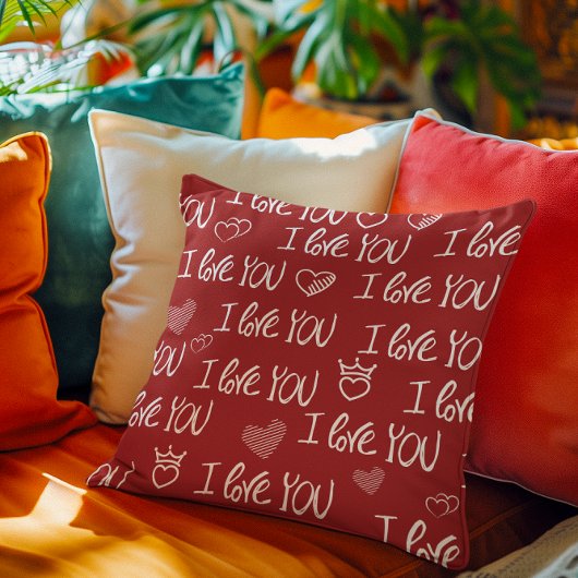 バレンタインテーマ赤白I love You Pattern クッション